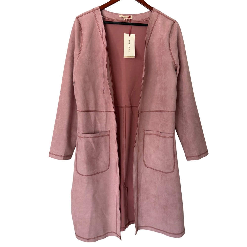 Solitaire Womens Pink Faux Suede Open Front Longline Cardigan Coat Jacket Large